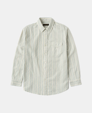 White jacquard stripe work shirt with pointed collar, button front, chest pocket and long sleeves