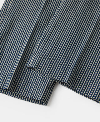 Striped work trousers hem detail, blue and off-white pinstripes with visible stitching.