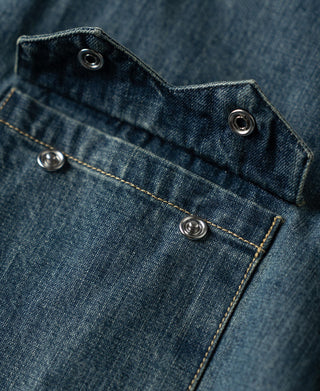 Denim snap placket with metal snaps and contrast topstitching