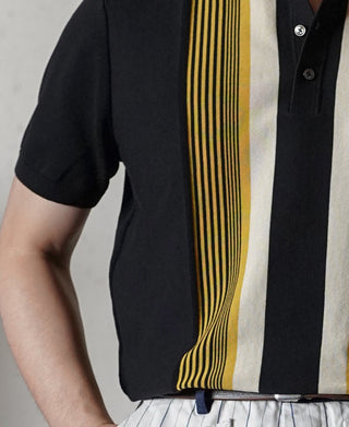 1960s Retro Striped Knit Polo - Black