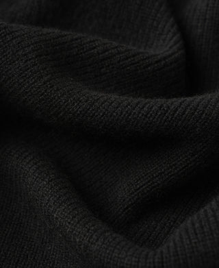 Black knit cardigan texture close-up with ribbed seam detail