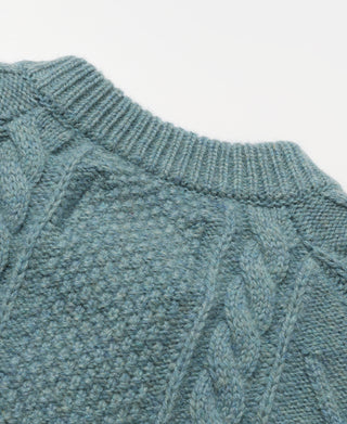 Cable Knit Round Collar Cardigan - Pale Blue