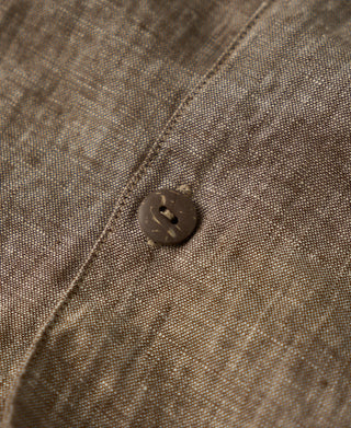 button detail of Yarn-dyed Linen Camp-Collar Shirt - Coffee
