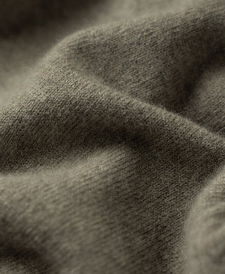 Merino wool crewneck sweater in grayish green, textured knit fabric close-up