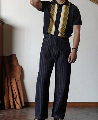 1960s Retro Striped Knit Polo - Black