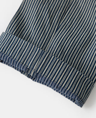 Striped work trousers cuff and hem, blue and off-white pinstripes, folded bottom.