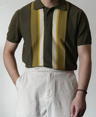1960s Retro Striped Knit Polo - Olive