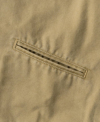 Washed khaki duck canvas jacket pocket flap with stitched edge
