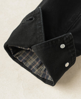 Black jacket sleeve cuff with plaid flannel lining and snap buttons
