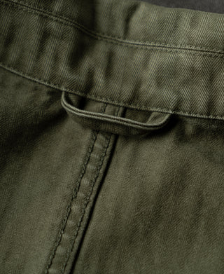 Olive herringbone blazer pocket opening with stitch lines and flap