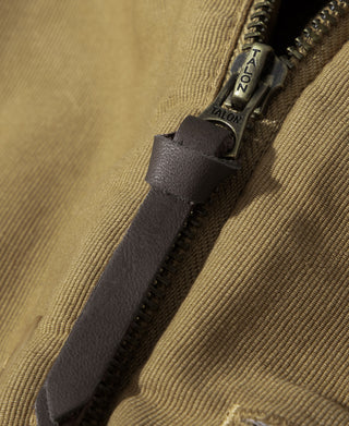 Khaki wool-blend deck vest with close-up of its front zipper and leather pull