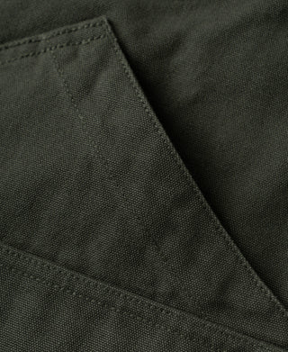 Olive cotton canvas field hunting jacket, shoulder seam and panel detail