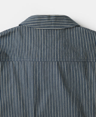 Striped cossack jacket back yoke, blue-and-white vertical pinstripes