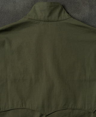 Olive jacket back with stand collar and yoke seams
