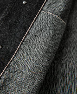 Black denim jacket cuff lining with herringbone twill panel and topstitch