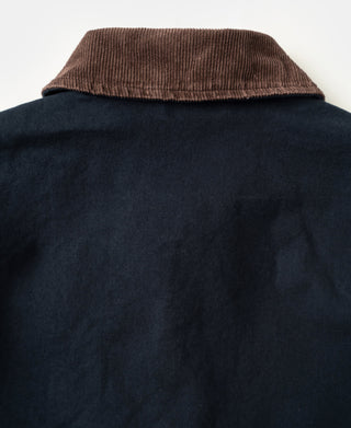 Navy cotton canvas jacket with brown ribbed corduroy collar