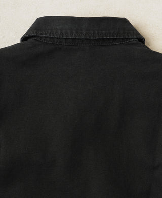 Black duck canvas Cossack jacket with stand collar and smooth back panel