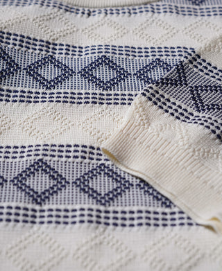 Diamond Pattern Jacquard Crew Neck T-Shirt - Blue/White