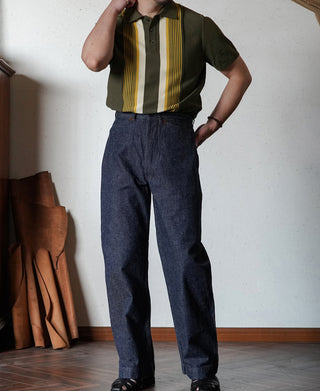 1960s Retro Striped Knit Polo - Olive