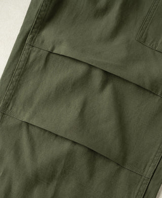 Olive cargo trouser side panel with stitched flap detail