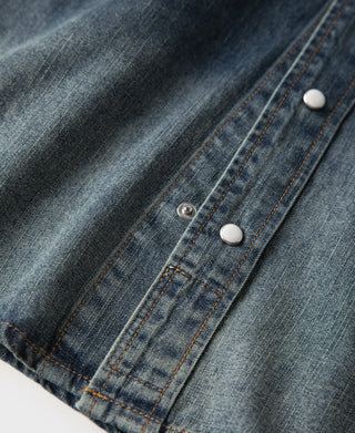 Slub Denim Snap Button Western Shirt - Washed Indigo