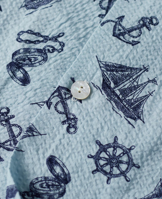 Nautical Printed Seersucker Short Sleeve Camp Shirt - Light Blue