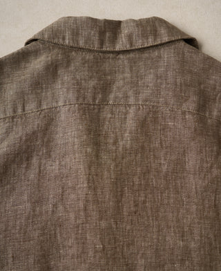 back view of Yarn-dyed Linen Camp-Collar Shirt - Coffee