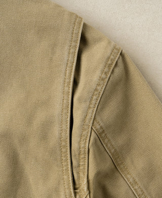 Washed khaki duck canvas cossack jacket collar and inner seam