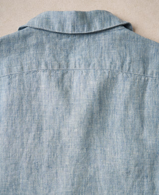 back view of Yarn-dyed Linen Camp-Collar Shirt - Washed Blue
