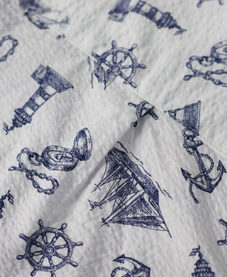 Nautical Printed Seersucker Short Sleeve Camp Shirt - White