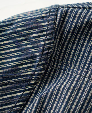 Inside yoke and seam detail on blue-and-white striped jacket