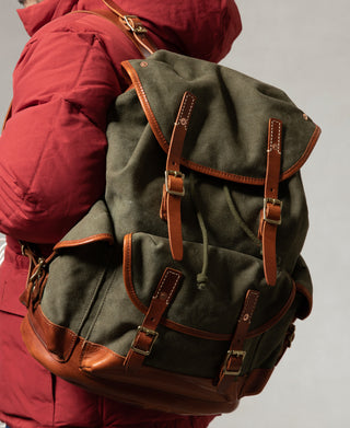 Cowhide Strap Parachute Canvas Rucksack - Olive