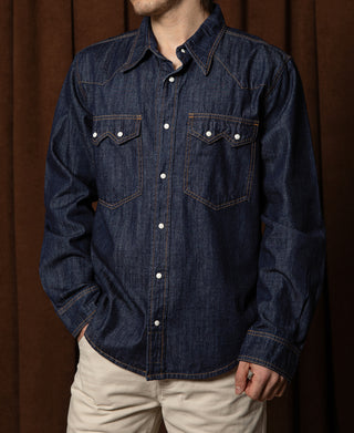 Slub Denim Snap Button Western Shirt - Dark Indigo