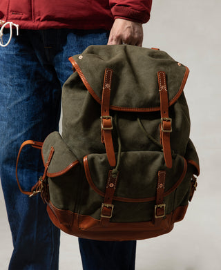 Cowhide Strap Parachute Canvas Rucksack - Olive