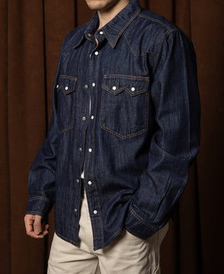 Slub Denim Snap Button Western Shirt - Dark Indigo