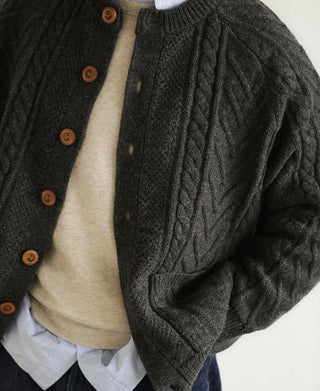 Cable Knit Round Collar Cardigan - Dark Gray