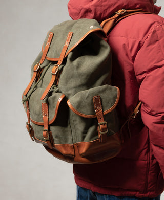 Cowhide Strap Parachute Canvas Rucksack - Olive