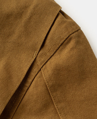 Khaki cotton canvas hunting jacket shoulder and collar seam detail