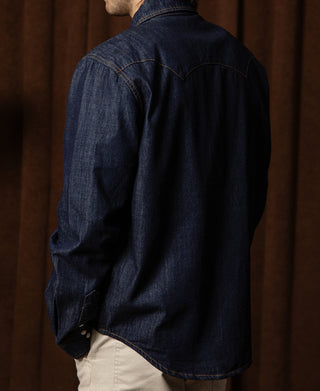 Slub Denim Snap Button Western Shirt - Dark Indigo