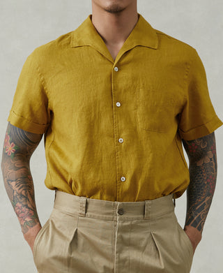 1950s Italian Collar Linen Shirt - Mustard