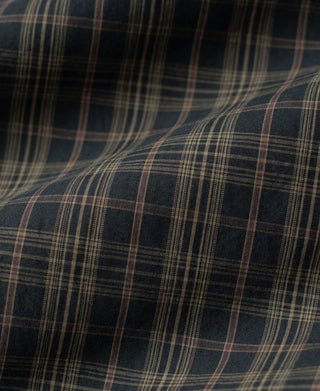 Black Cossack jacket with plaid interior lining and curved seam detail