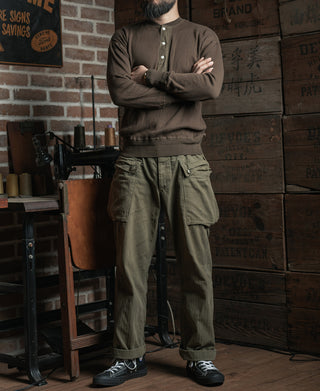 Ribbed Long Sleeve Henley T-Shirt - Olive Brown