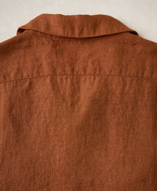 back view of Yarn-dyed Linen Camp-Collar Shirt - Red