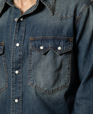 Slub Denim Snap Button Western Shirt - Washed Indigo