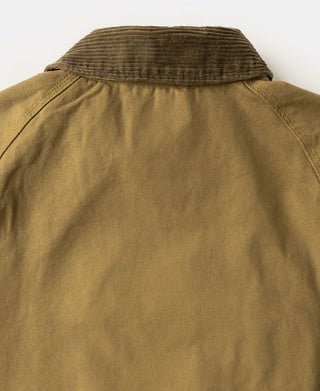 Khaki canvas jacket with raised collar and back yoke
