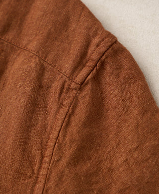 shoulder detail of Yarn-dyed Linen Camp-Collar Shirt - Red