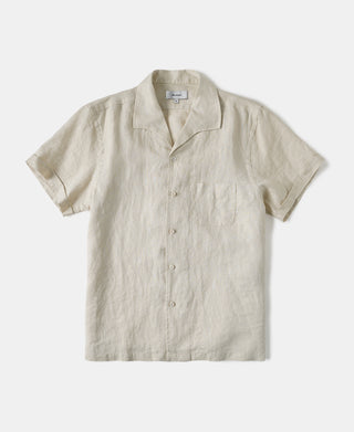 1950s Italian Collar Linen Short Sleeve Shirt in Beige