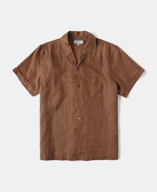 1950s Italian Collar Linen Short Sleeve Shirt in Brown
