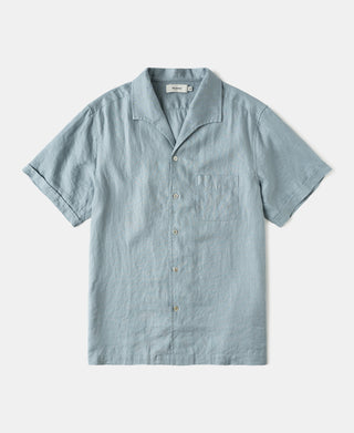 1950s Italian Collar Linen Short Sleeve Shirt in Light Blue