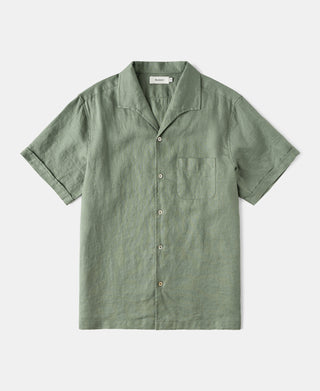 1950s Italian Collar Linen Short Sleeve Shirt in Sage